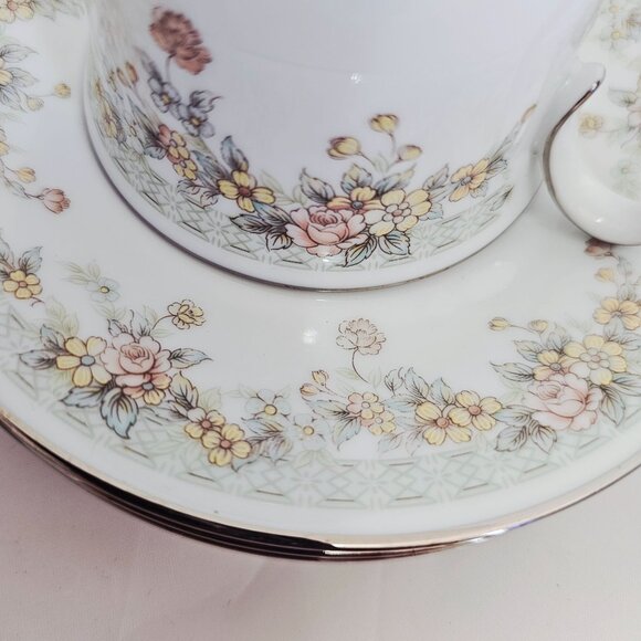 3 Noritake Spring Field Teacup Saucers delicate flowers vtg  Japan silver rim - Picture 6 of 6
